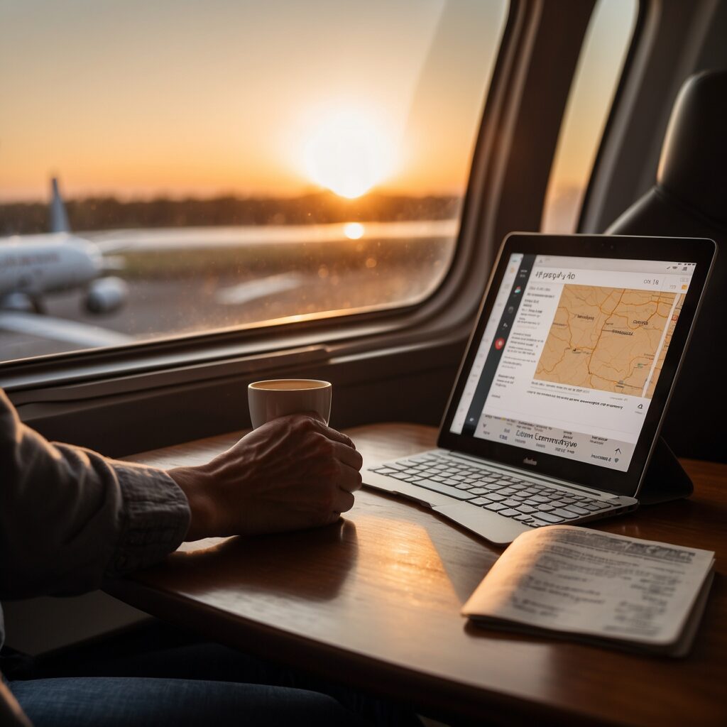 A traveler reviews a multi-city itinerary at sunset in an airport lounge, with a smartphone, passport, and coffee on the table, while a plane takes off in the background.