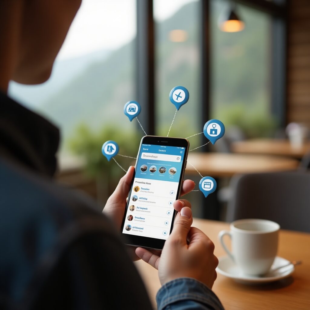 A traveler at a café, holding a smartphone showing a custom travel itinerary with personalized recommendations for activities, destinations, and transportation, highlighting the ease of planning a trip with travel apps.