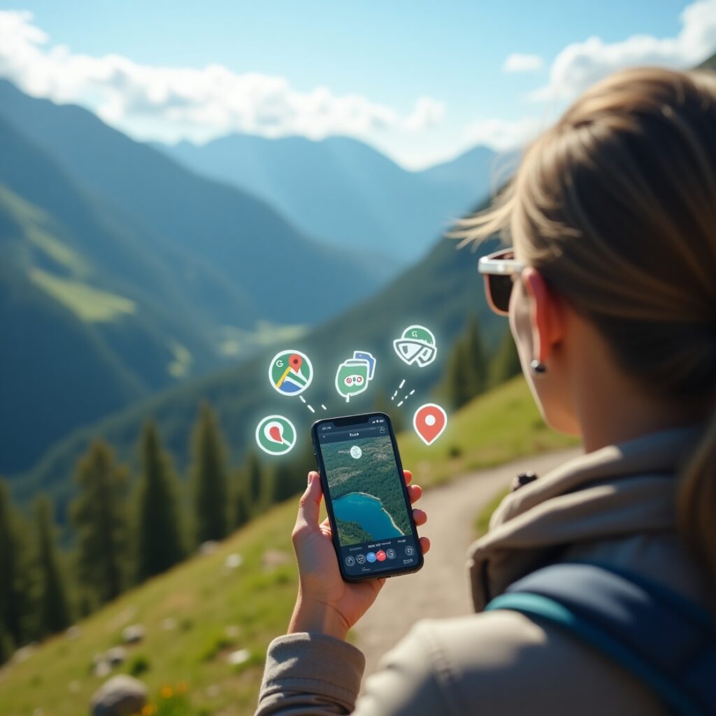raveler with smartphone in hand, surrounded by transparent travel app icons in a nature setting.