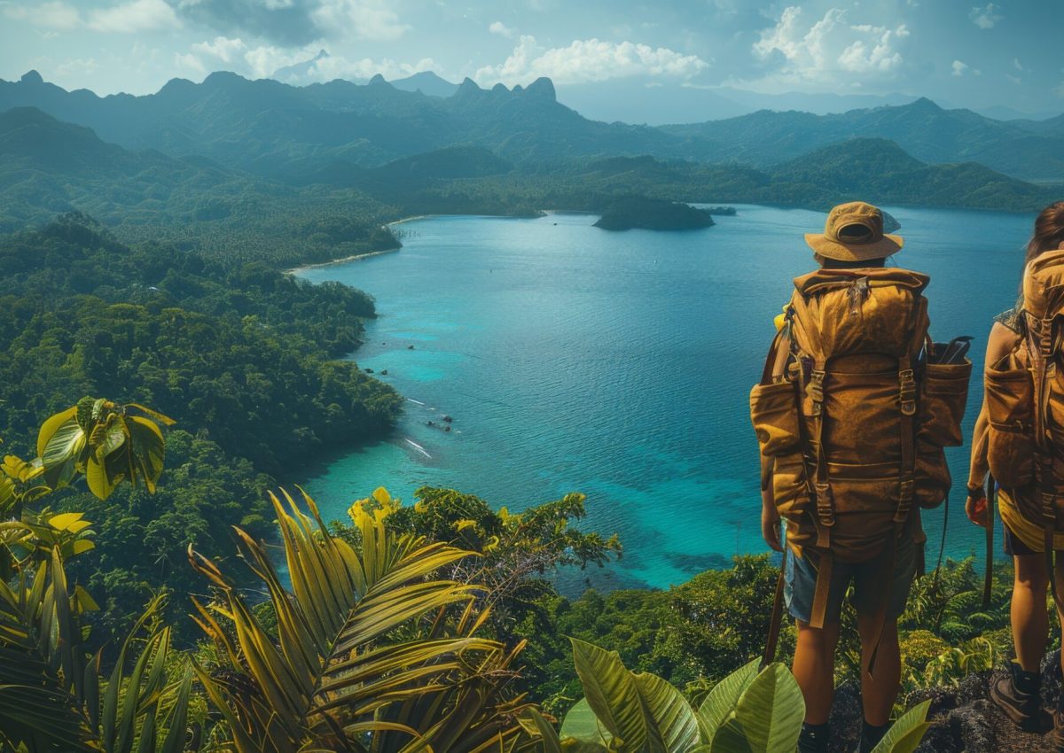 Two individuals carrying backpacks standing on a hill, gazing at a lake Two individuals carrying backpacks are positioned at the peak of a hill, with a scenic view of a lake below them